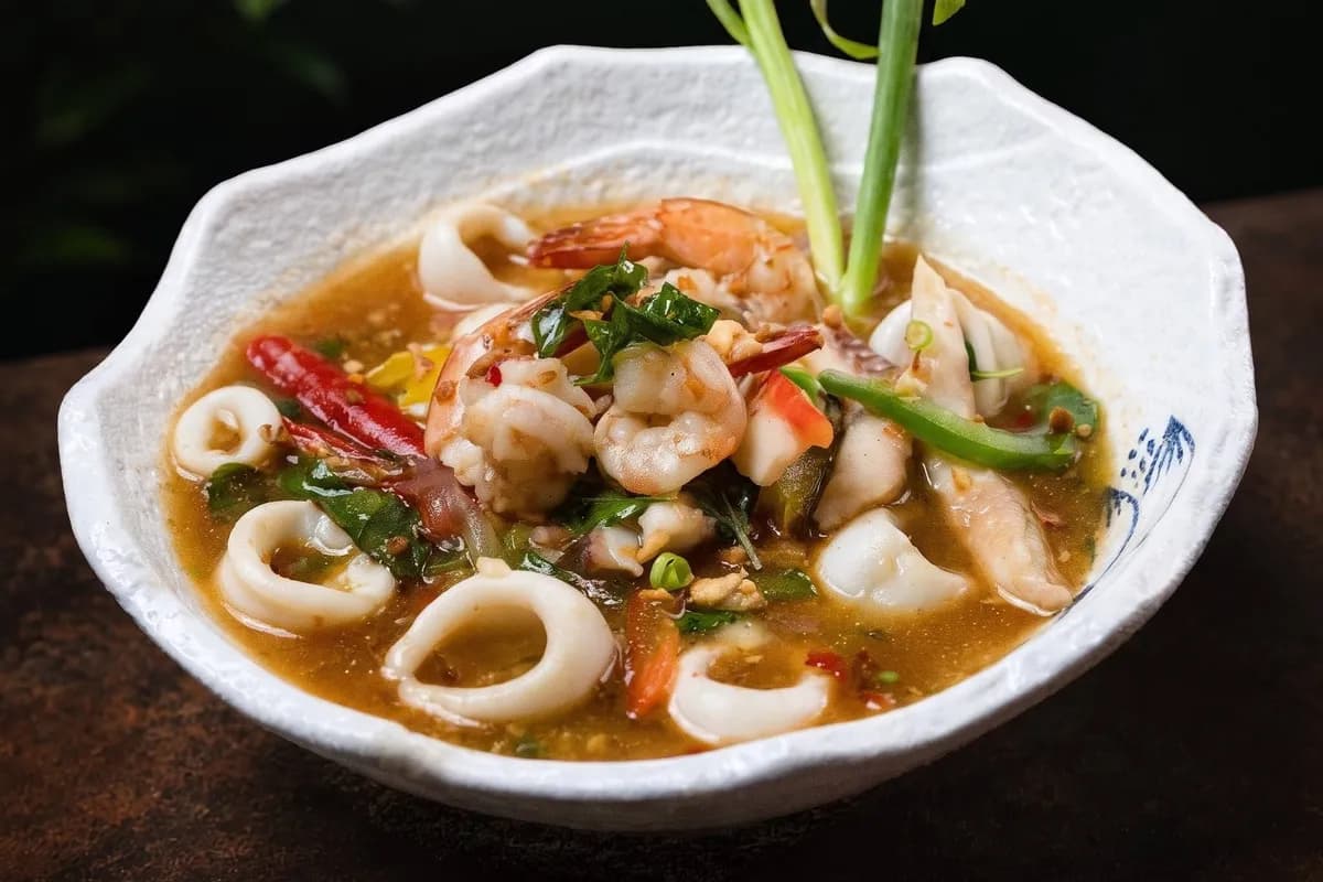 Squid rings and prawns in a clear broth with basil and red chili, in a white bowl.