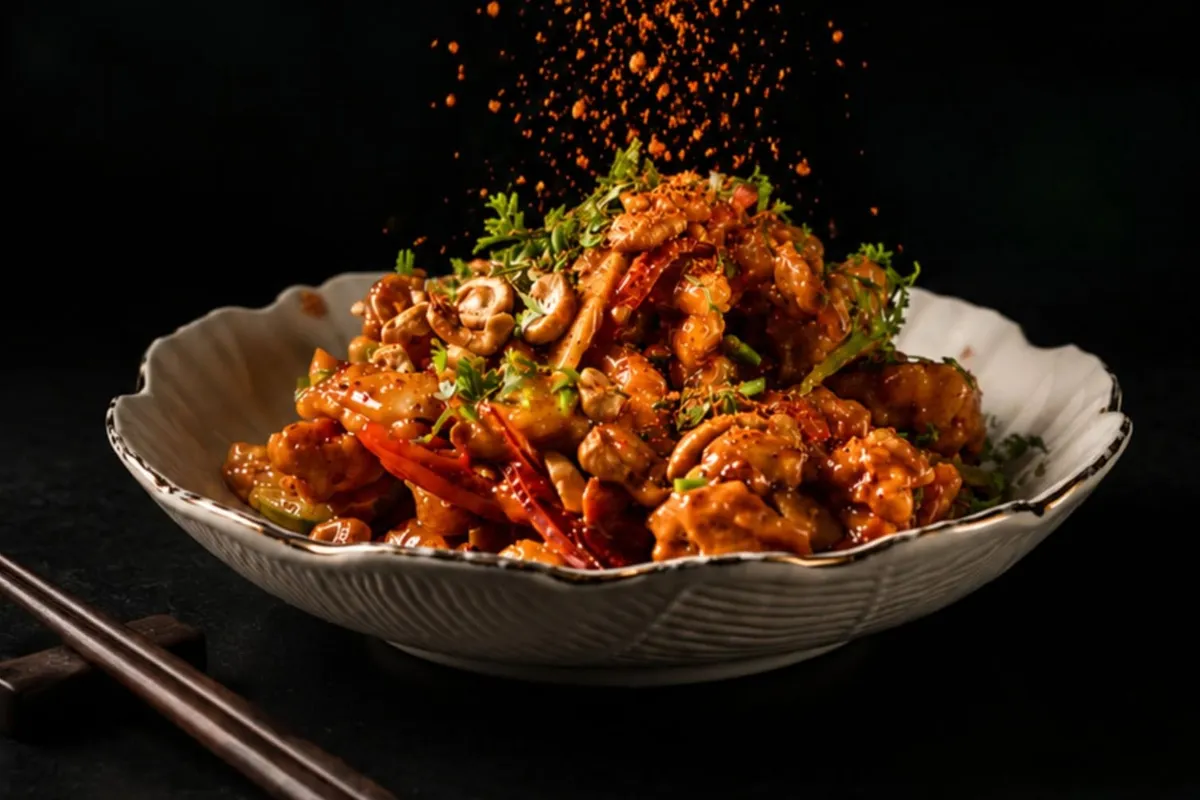 Ground spice falling onto a bowl of chicken with cashew nuts, chili and herbs.