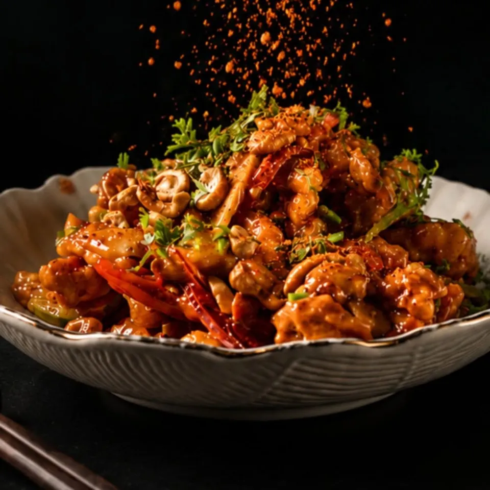 Ground spice falling onto a bowl of chicken with cashew nuts, chili and herbs.